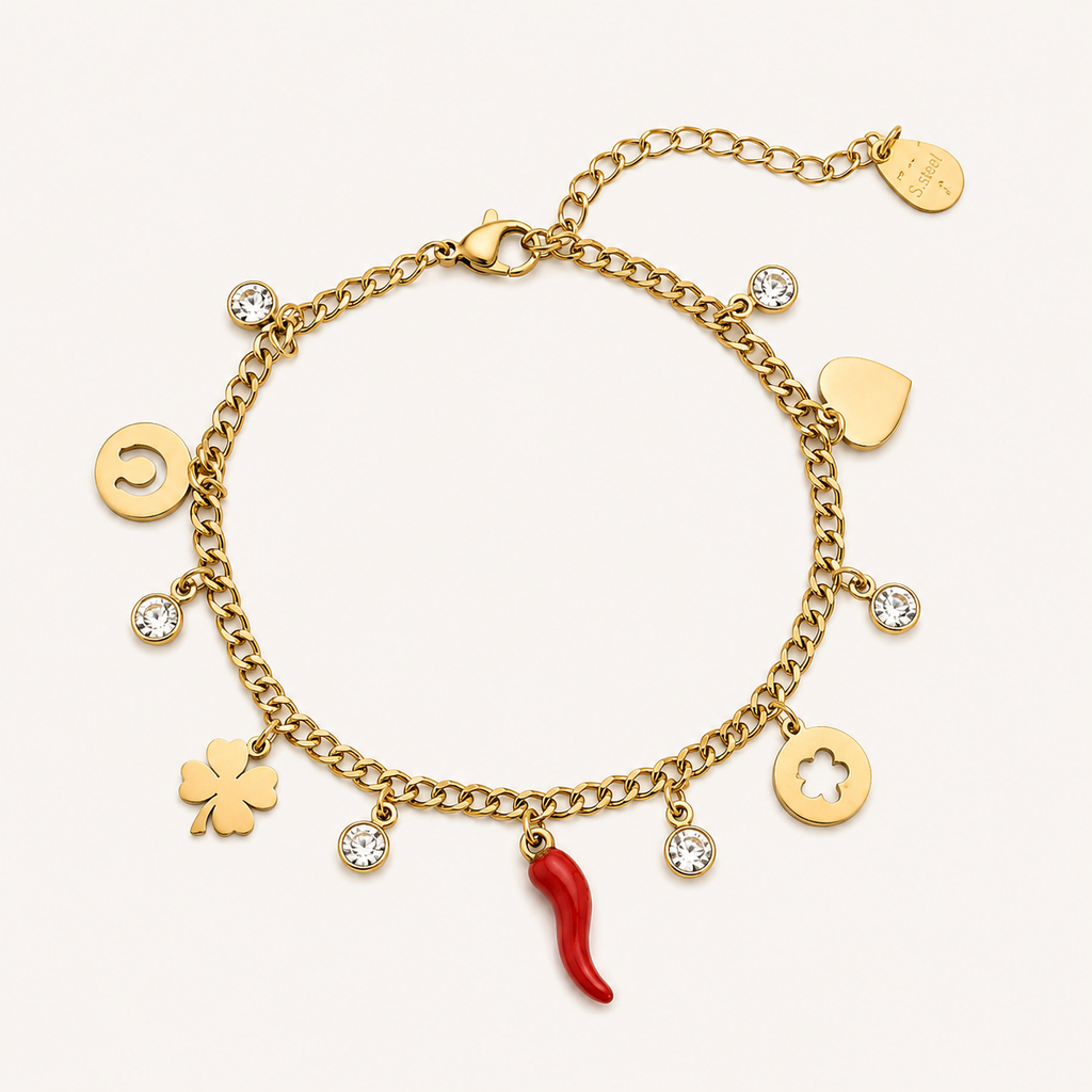 Bracciale Portafortuna con Quadrifoglio e Cornetto.